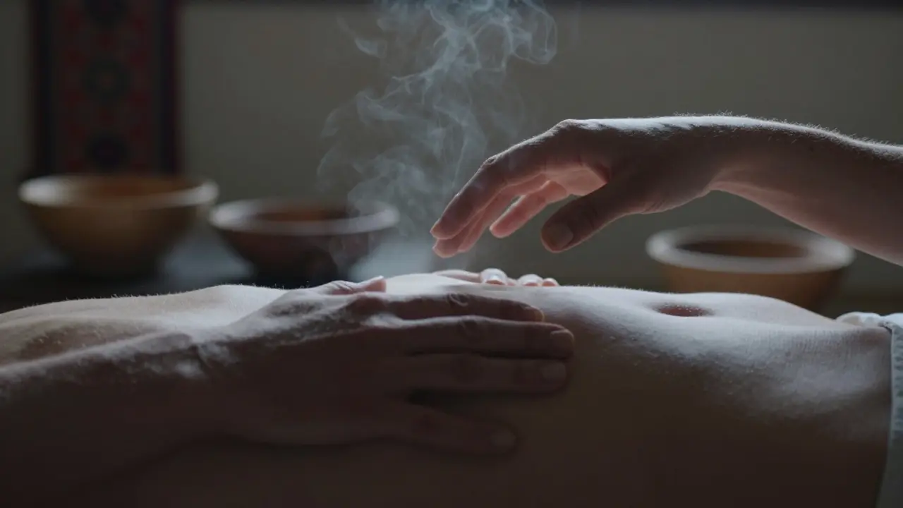 Jemná ruka nad břichem, druhá ho jen blízko dotýká — znázornění energie a přítomnosti, ne erotiky.