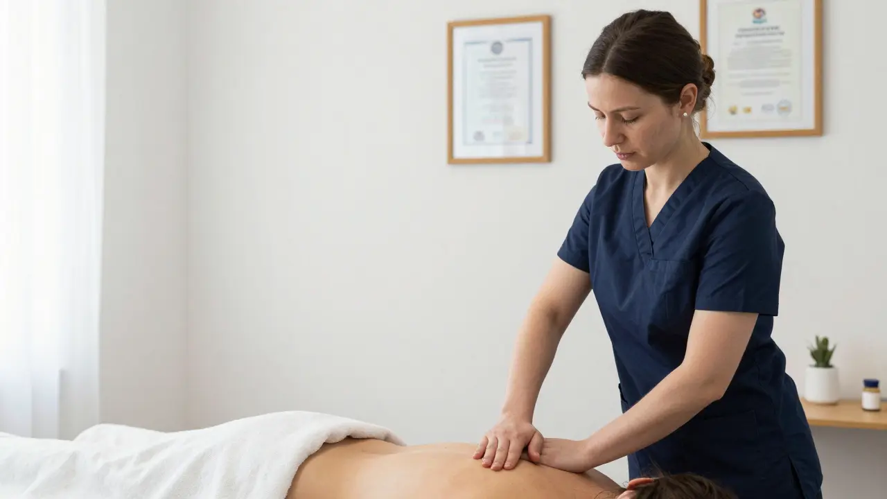 Legální masér v čisté klinice provádí tělesnou terapii, na zdi viditelné licenční osvědčení, žádné náboženské symboly, profesionální prostředí.