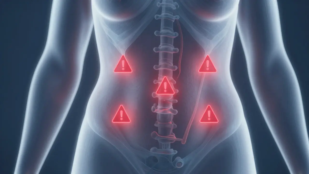 Průřez těla s označenými nebezpečnými oblastmi pro tantrickou masáž.