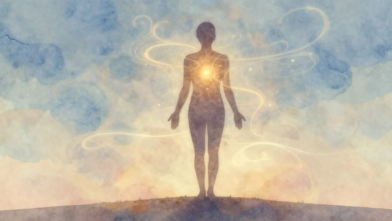 Silueta člověka se zlatým světlem vycházejícím z oblasti srdce.