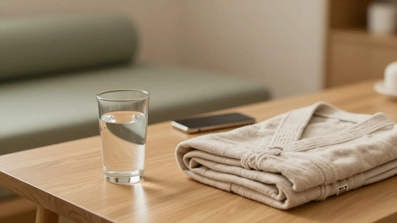 Sklenice vody a župan na stole v klidném wellness prostoru.