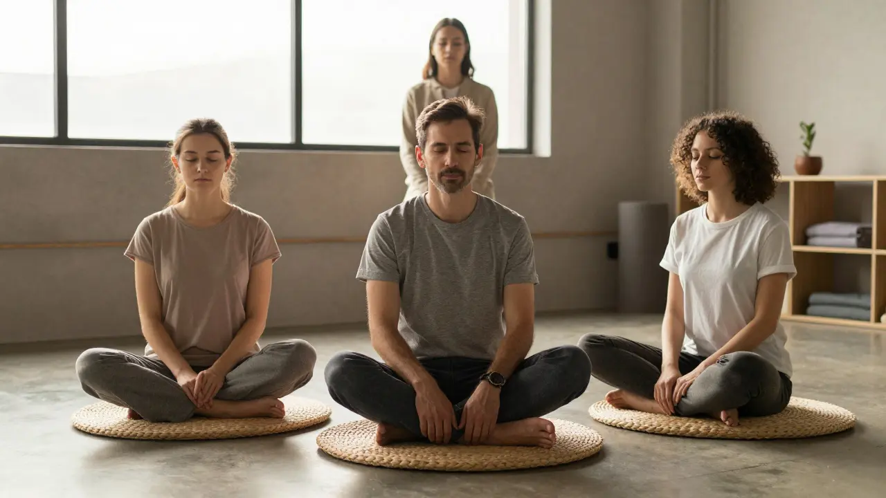 Tři různí klienti sedí v klidu v terapeutickém prostoru, každý s očima zavřenými a tělem uvolněným.