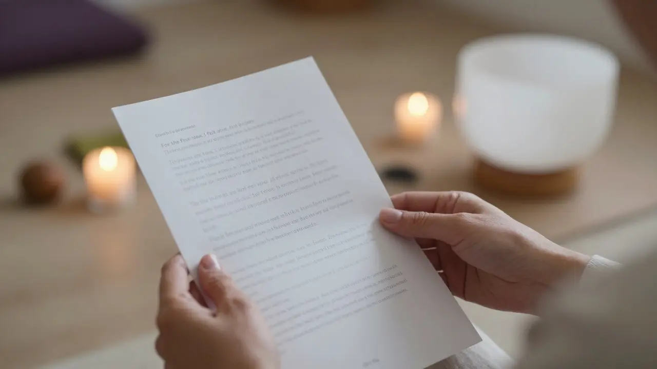 Žena drží tisknouté recenze s citáty o pocitech během tantrické masáže, v pozadí klidné prostředí.