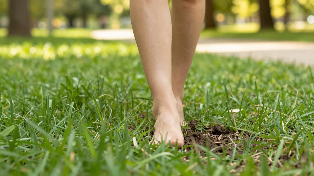 Bosé nohy kráčející po zelené trávě jako symbol definitivního návratu do reality.