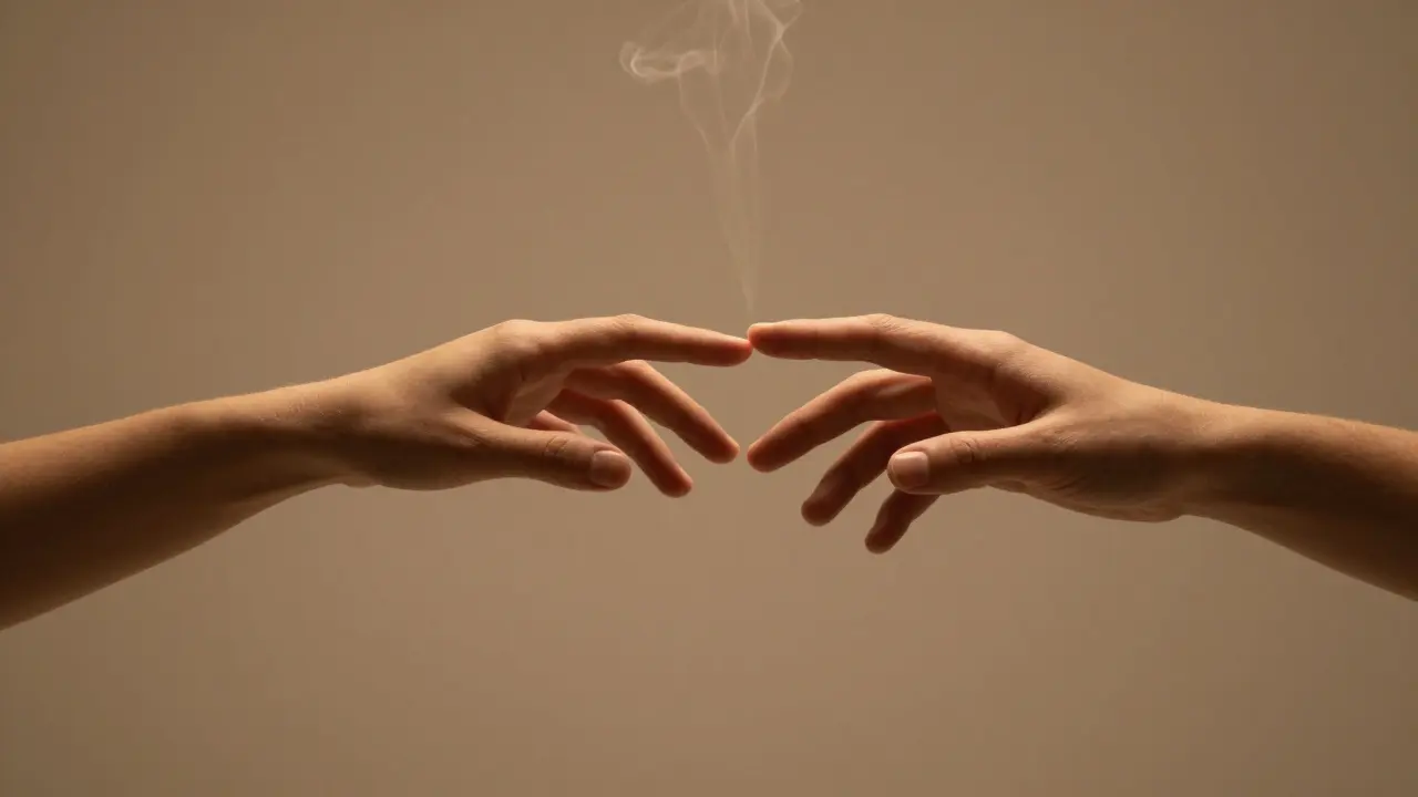 Detail dvou rukou v zenovém studiu symbolizující energetické spojení a dotek.