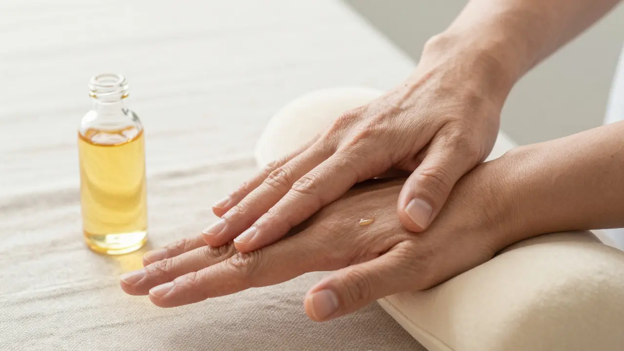 Detail rukou maséra při protahování vedle lahvičky s masážním olejem.