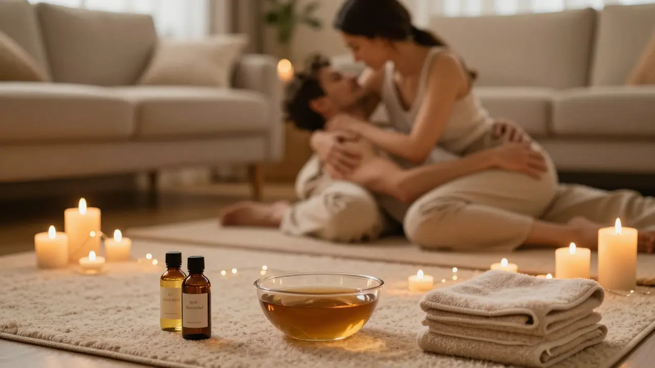 Domácí prostor připravený pro tantrickou praxi s náladovými svíčkami a přírodnými oleji.