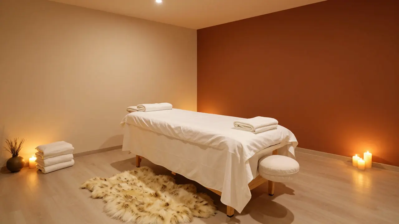 Interiér luxusního profesionálního studia pro tantrické masáže s uklidňujícím osvětlením.