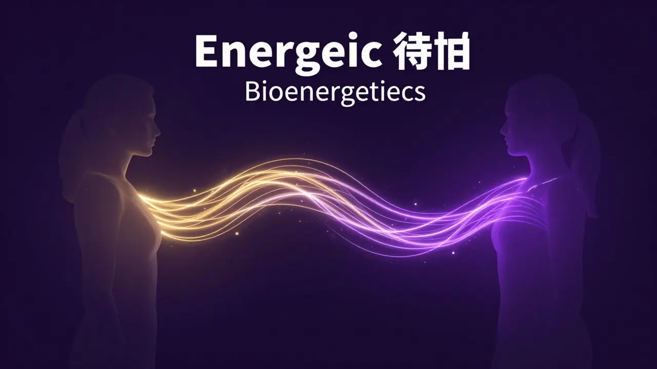 Konceptuální ilustrace energetického propojení mezi masérem a klientem.