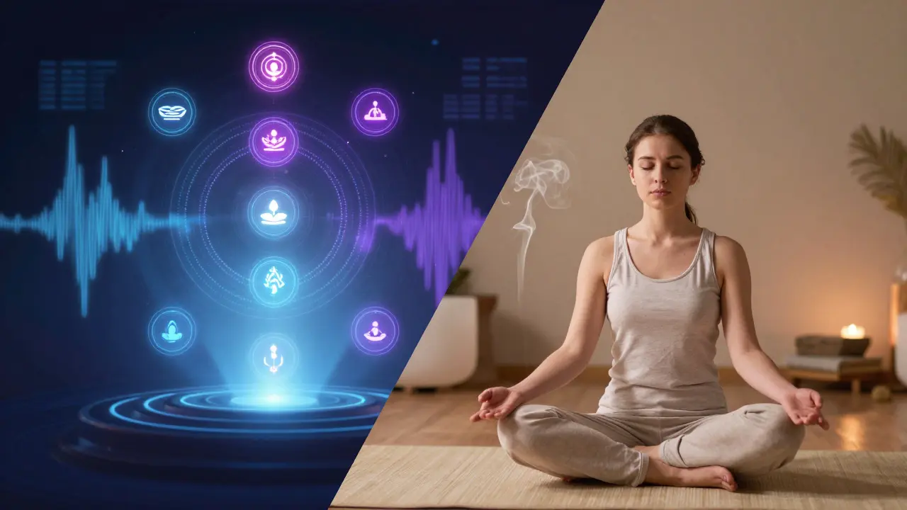 Konceptuální obraz kombinující digitální teorii a fyzickou praxi tantry.