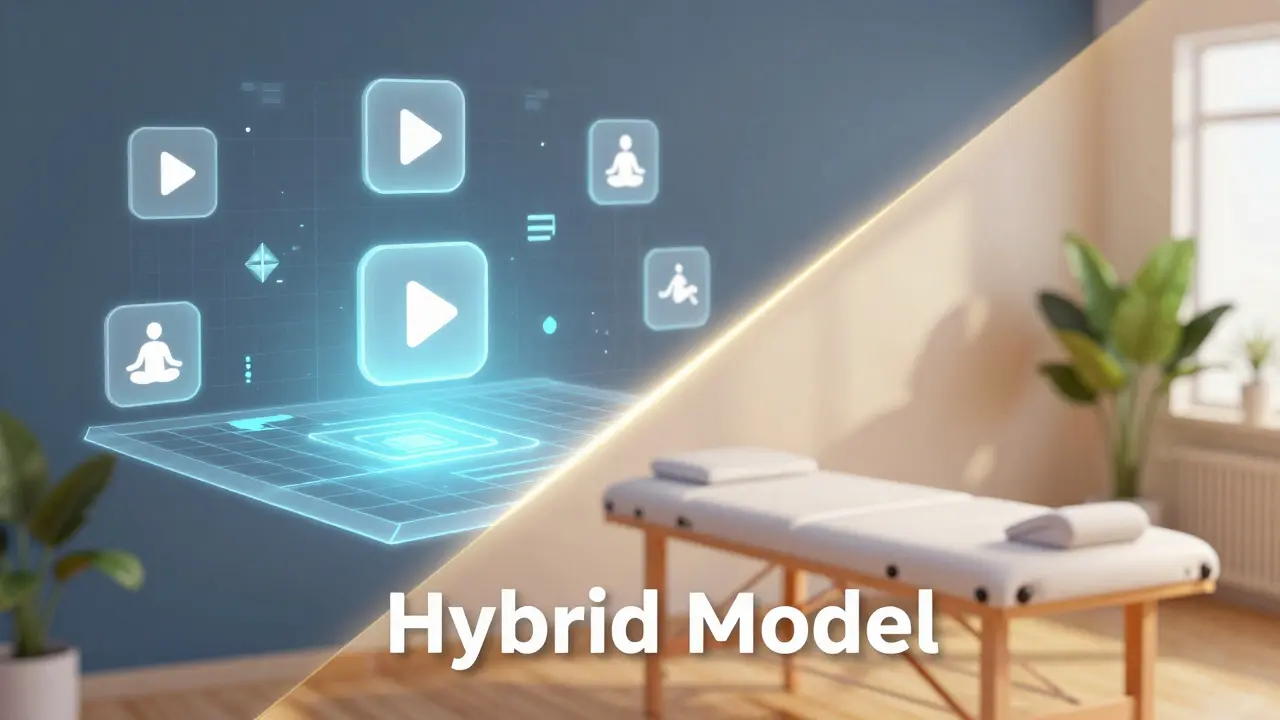 Konceptuální obraz kombinující digitální výuku a praktické studio tantry.