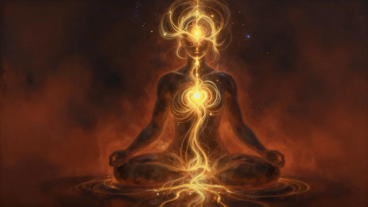 Konceptuální zobrazení energetického proudů stahujících se do kořenové čakry a chodidel.