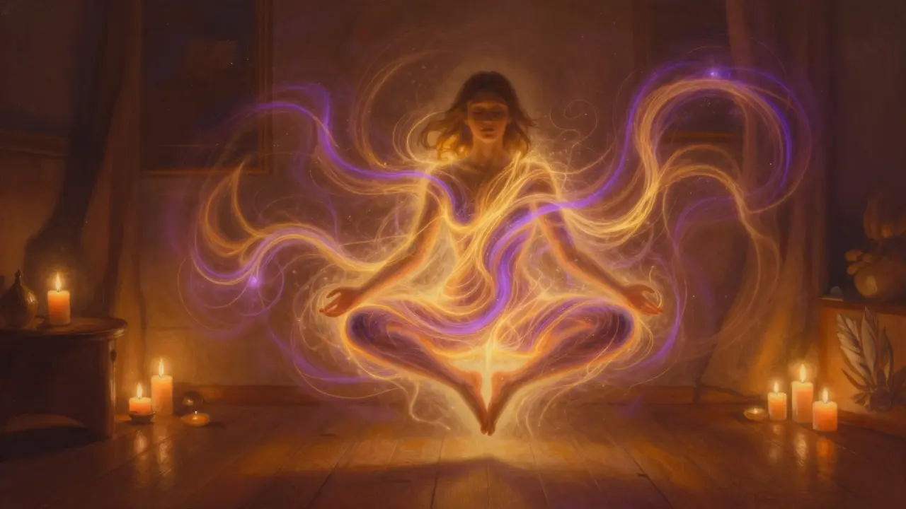 Meditující osoba obklopená zlatou a fialovou energií symbolizující duchovní růst.