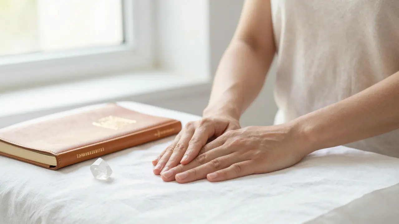 Ruké maséra vedle studijního manuálu, symbolizující profesionální vzdělání.