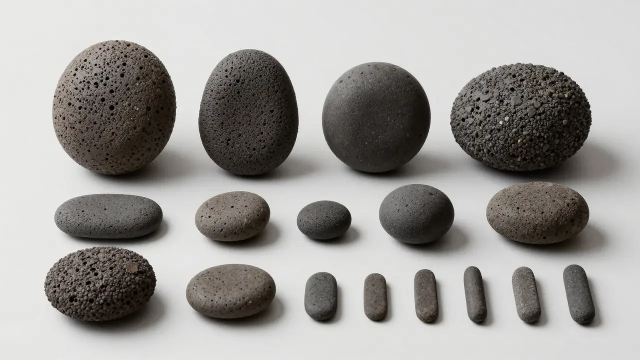 Sada přírodních lávových kamenů různých velikostí a tvarů.