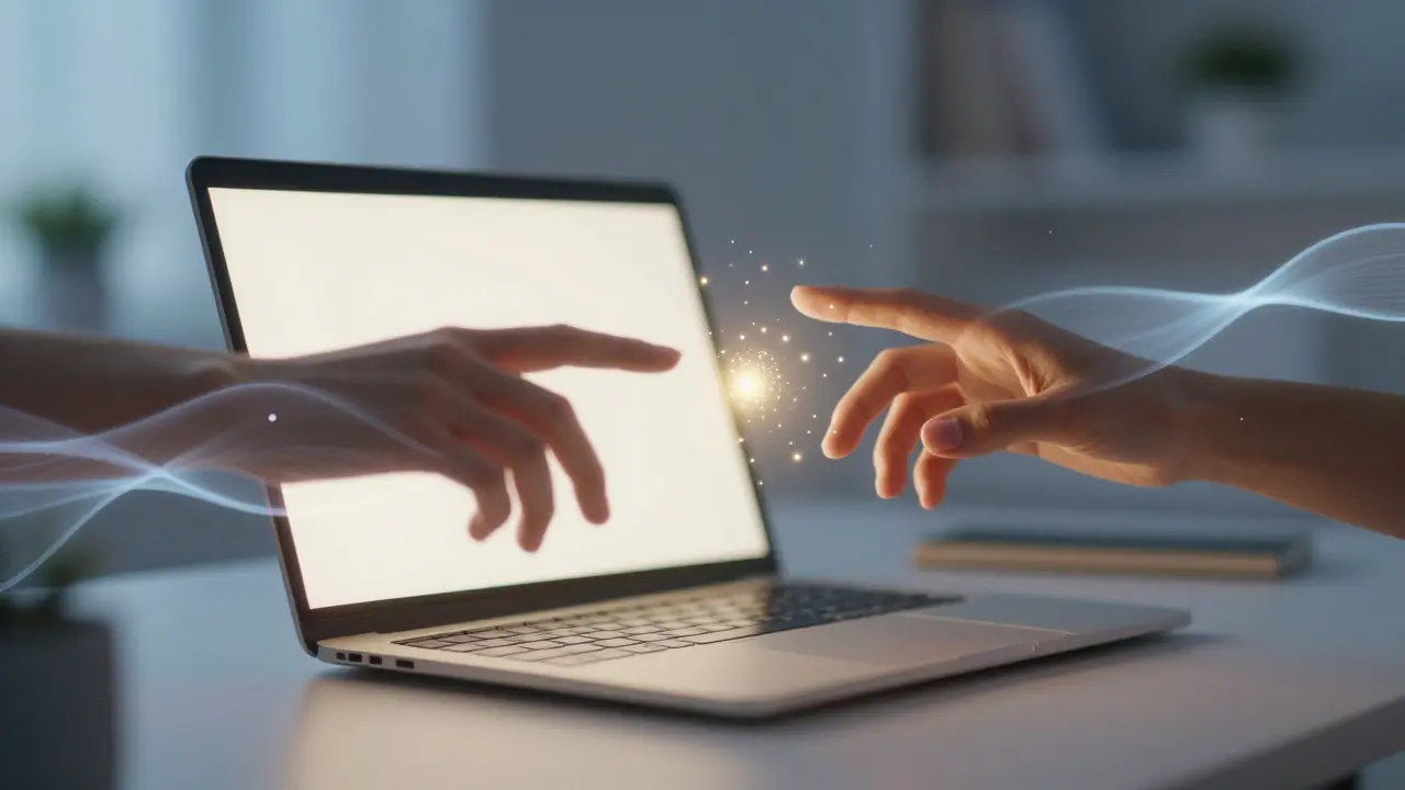 Abstraktní ilustrace rukou spojených digitálním světlem symbolizující online vzdělávání