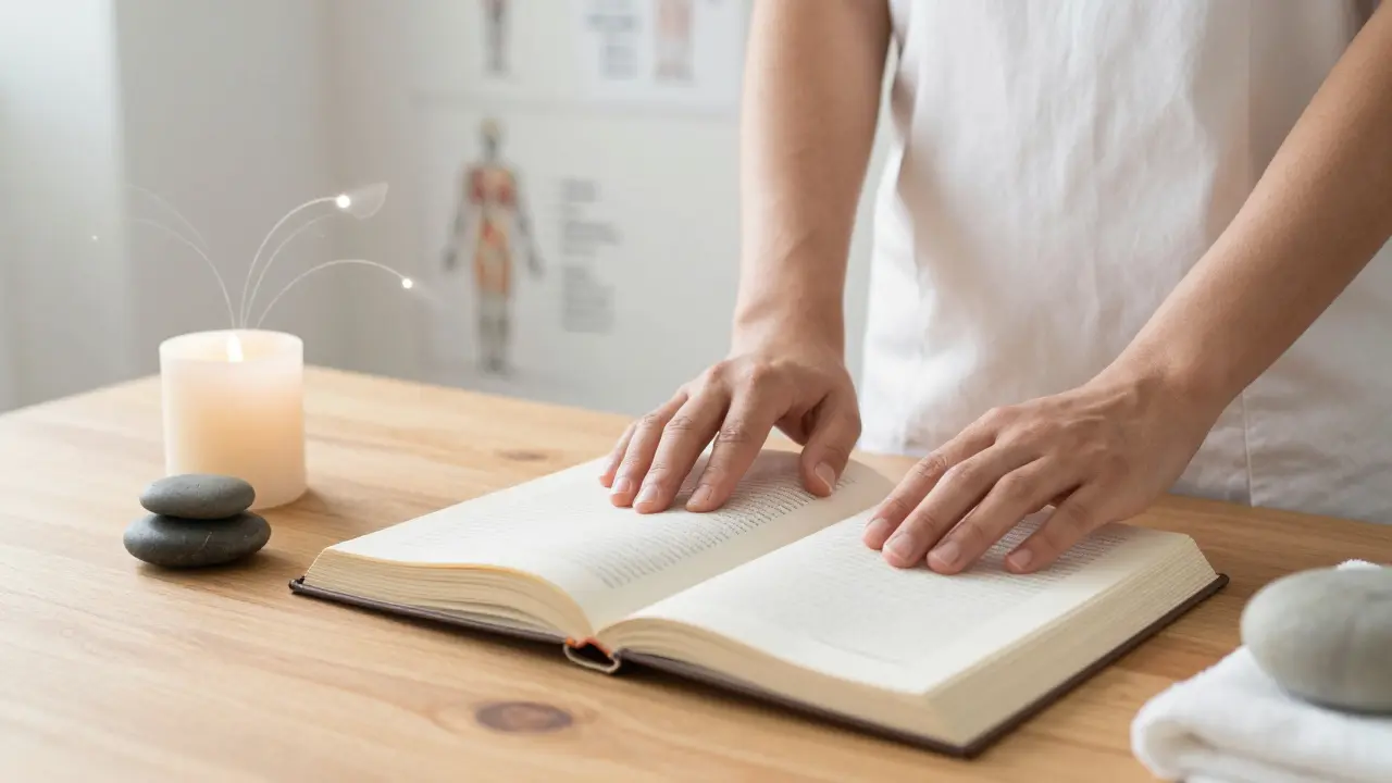 Knihy a svíce symbolizující studium a vnitřní přípravu terapeuta