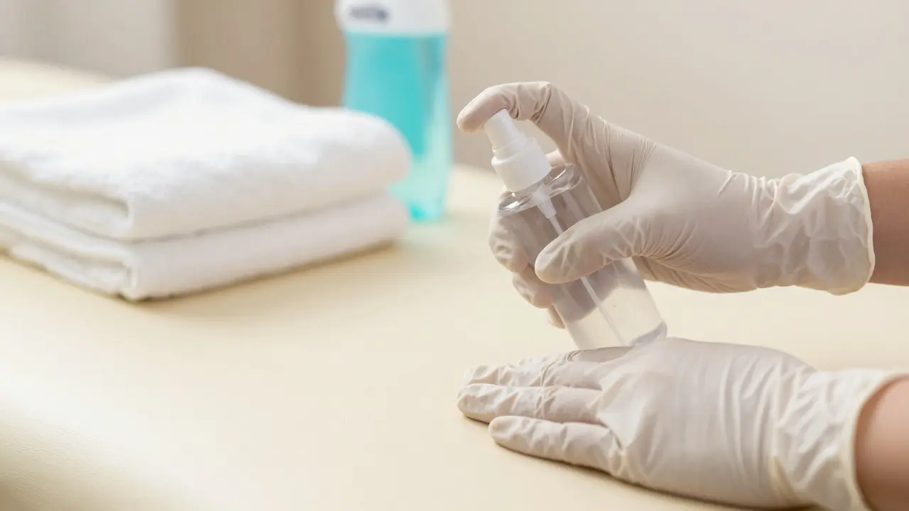 Ruce v rukavicích dezinfikují masážní stůl v terapeutickém centru