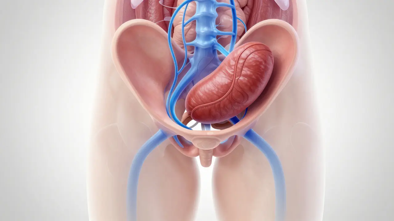 Abstraktní ilustrace prostaty s vizualizací zlepšeného prokrvení