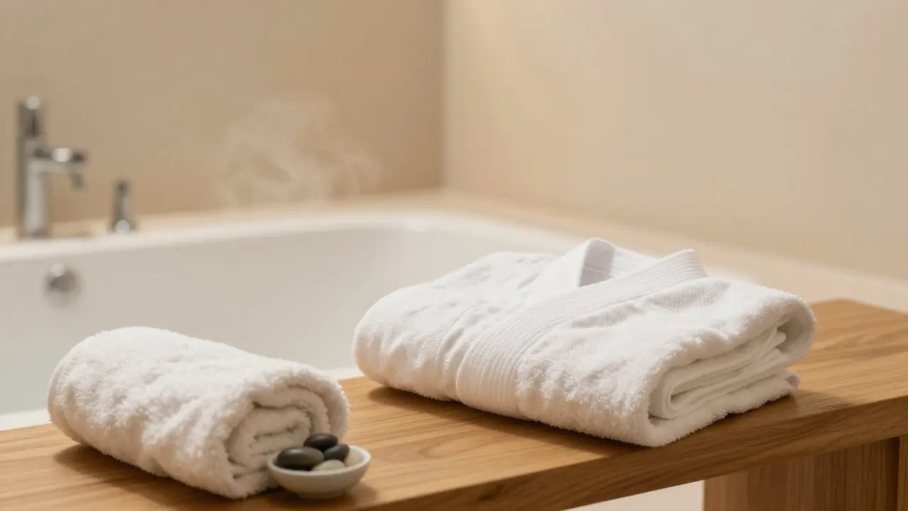 Bílé masážní kimono a ručník na dřevěné lavičce ve spa
