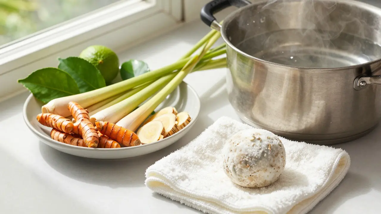 Čerstvé ingredience jako kurkuma a citronová tráva pro přípravu
