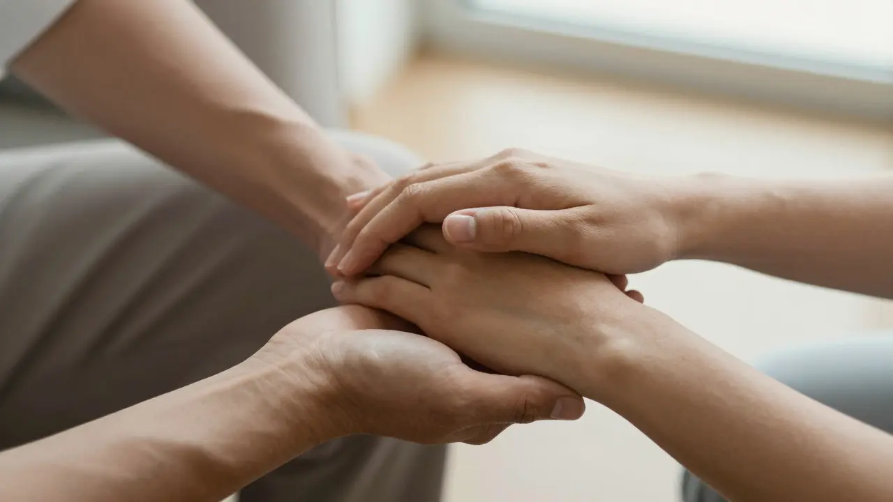 Dvě ruce v gestu podpory a důvěry mezi partnery