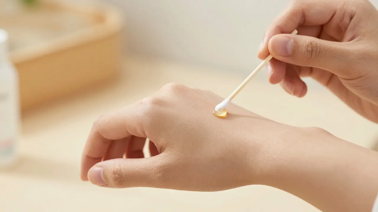 Osoba aplikující kapku oleje na vnitřní stranu zápěstí pro domácí patch test