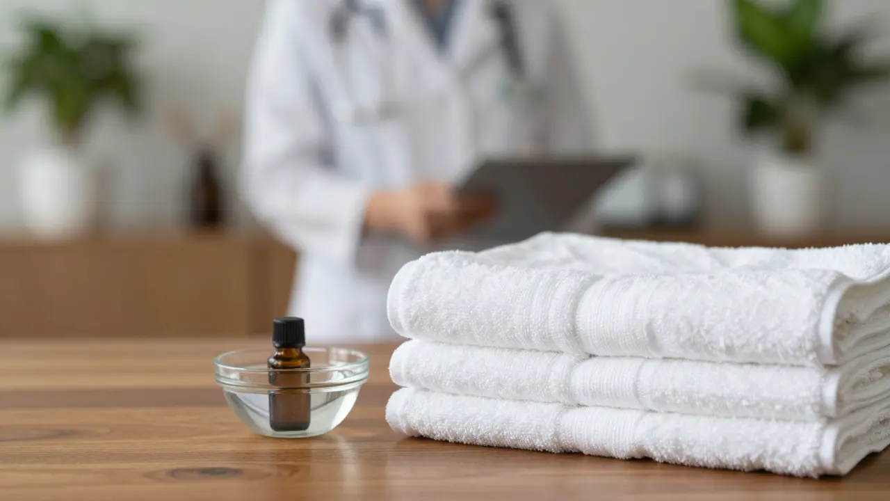 Detail čistých ručníků a olejů zdůrazňující transparentnost a hygienu služby