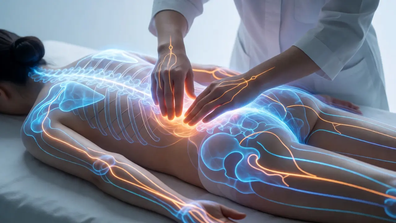 Svítící energetické meridiány na těle během terapeutického ošetření