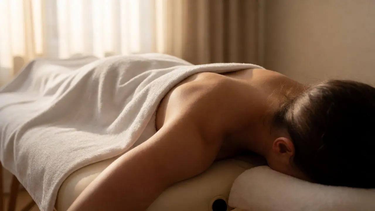 Uvolněná osoba na masážním stole po hluboké relaxační masáži
