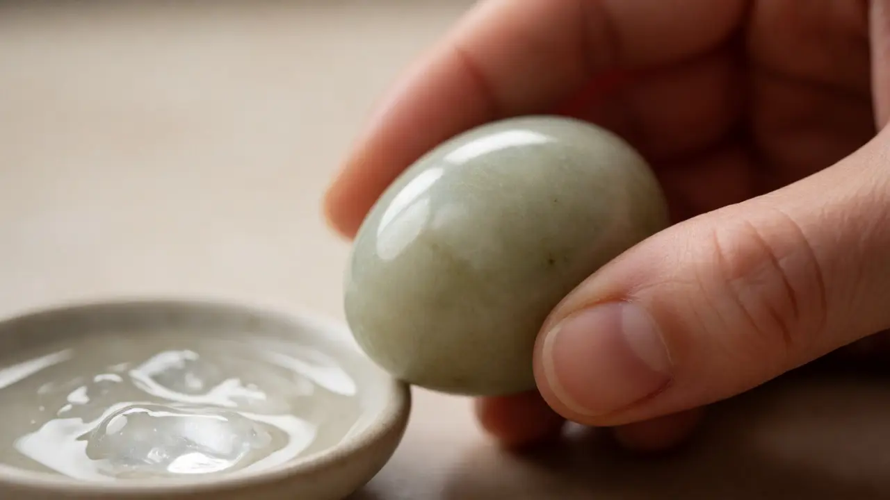 Detailní záběr na hladké yoni vejce se šňůrkou a lubrikační gel