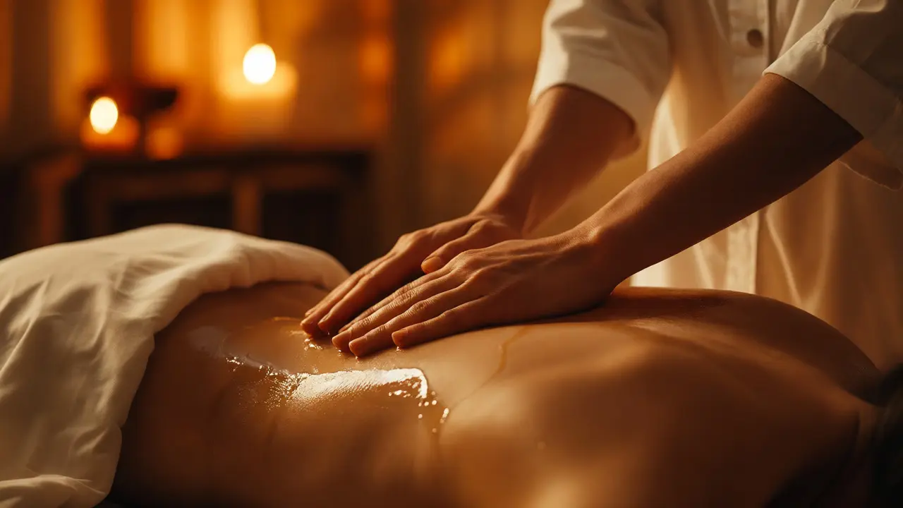 Terapeutické ruce provádějící pomalé masírování hřbetu v teplém světle