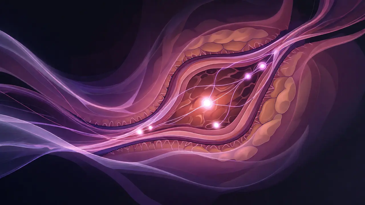 Abstraktní ilustrace propojení klitorisu a bodu G s energetickými liniemi.