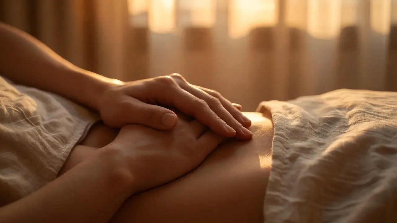 Jemný dotek na břichu pod měkkou látkou symbolizující úlevu od menstruačních křečí