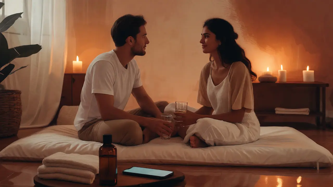 Pár sedící na podložce s vodou, připravený na relaxační masáž