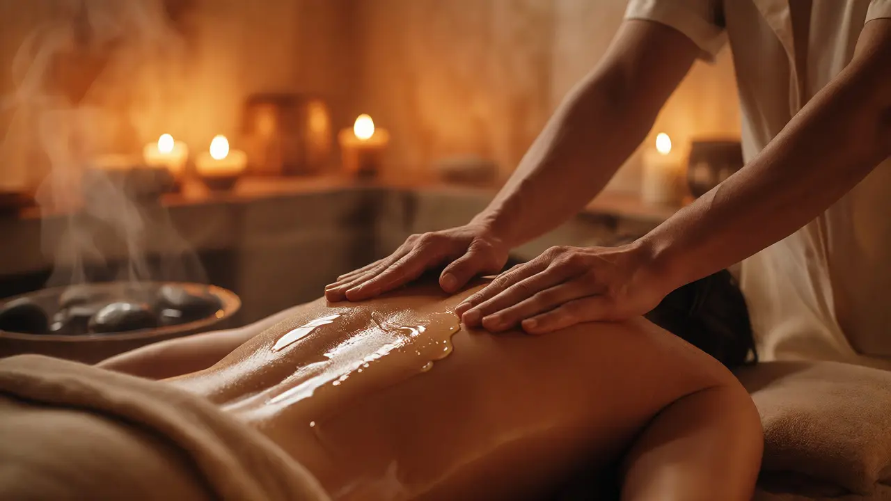 Terapeutické ruce masírující záda při svíčkách